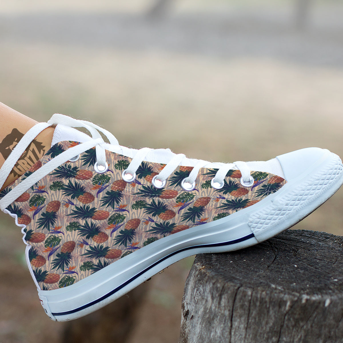 Pineapple Zebra Beige Print Pattern White High Top Shoes-grizzshop