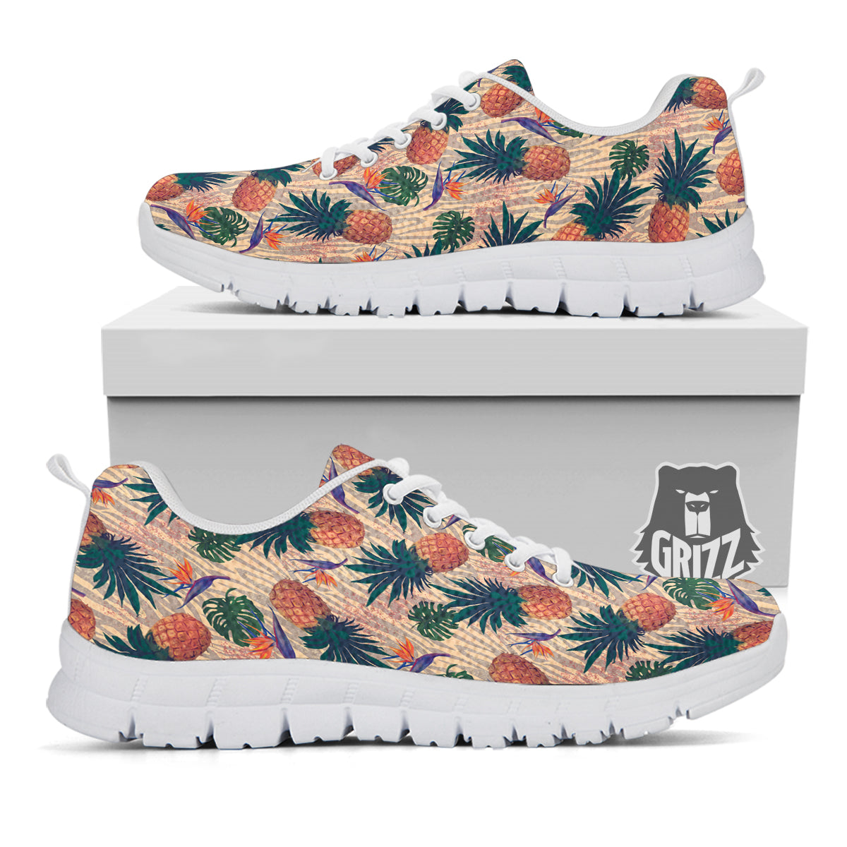 Pineapple Zebra Beige Print Pattern White Sneaker-grizzshop