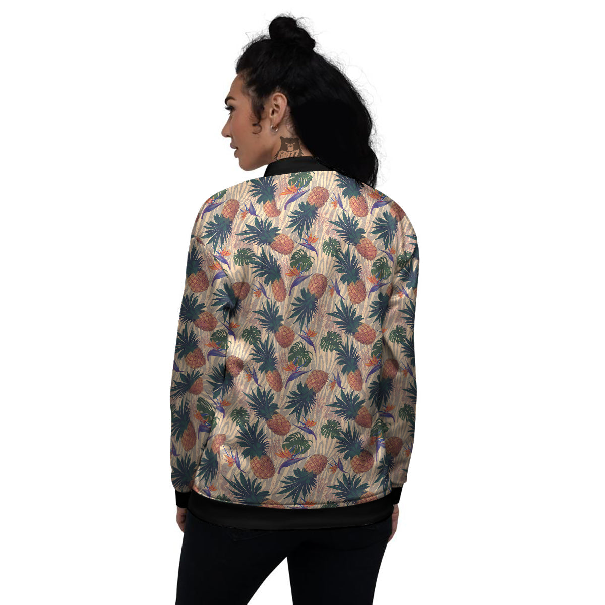 Pineapple Zebra Beige Print Pattern Women's Bomber Jacket-grizzshop