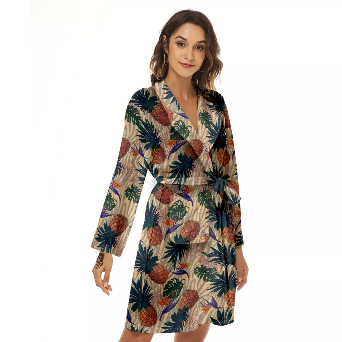 Pineapple Zebra Beige Print Pattern Women's Robe-grizzshop
