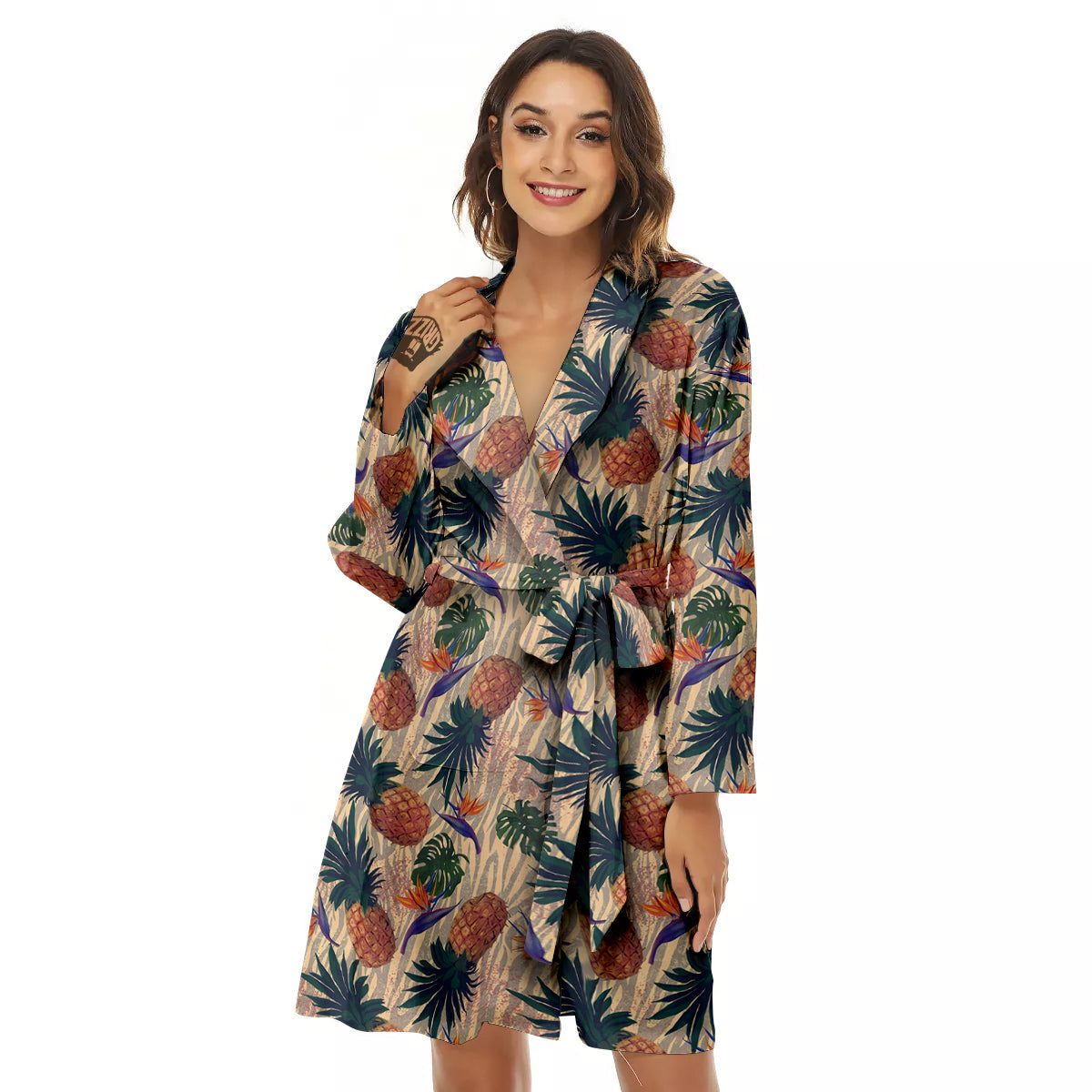 Pineapple Zebra Beige Print Pattern Women's Robe-grizzshop