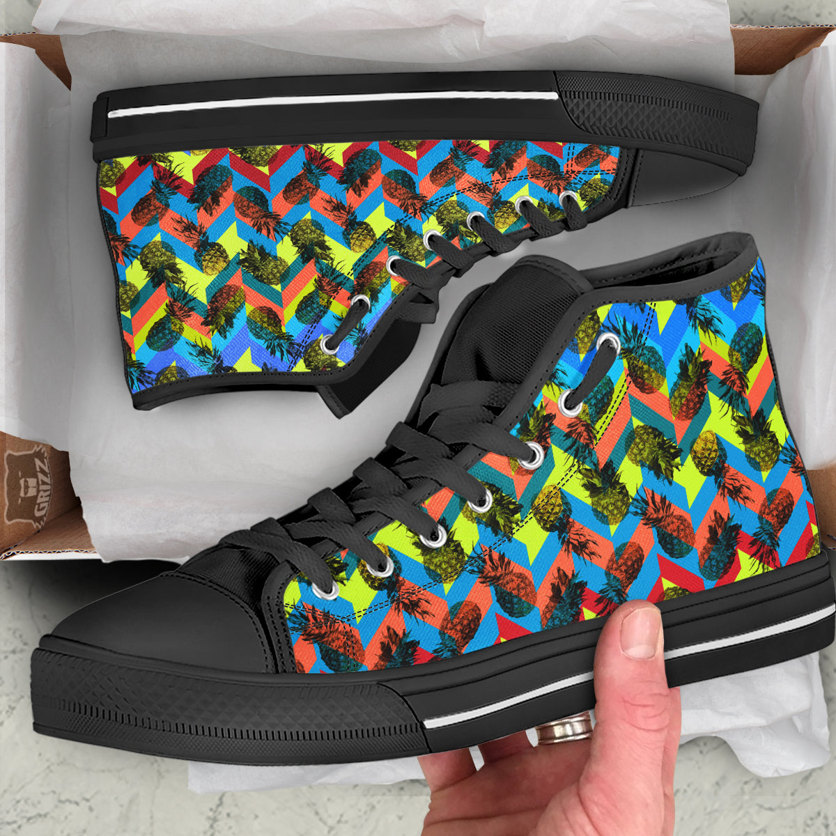 Pineapple Zigzag Print Pattern Black High Top Shoes-grizzshop