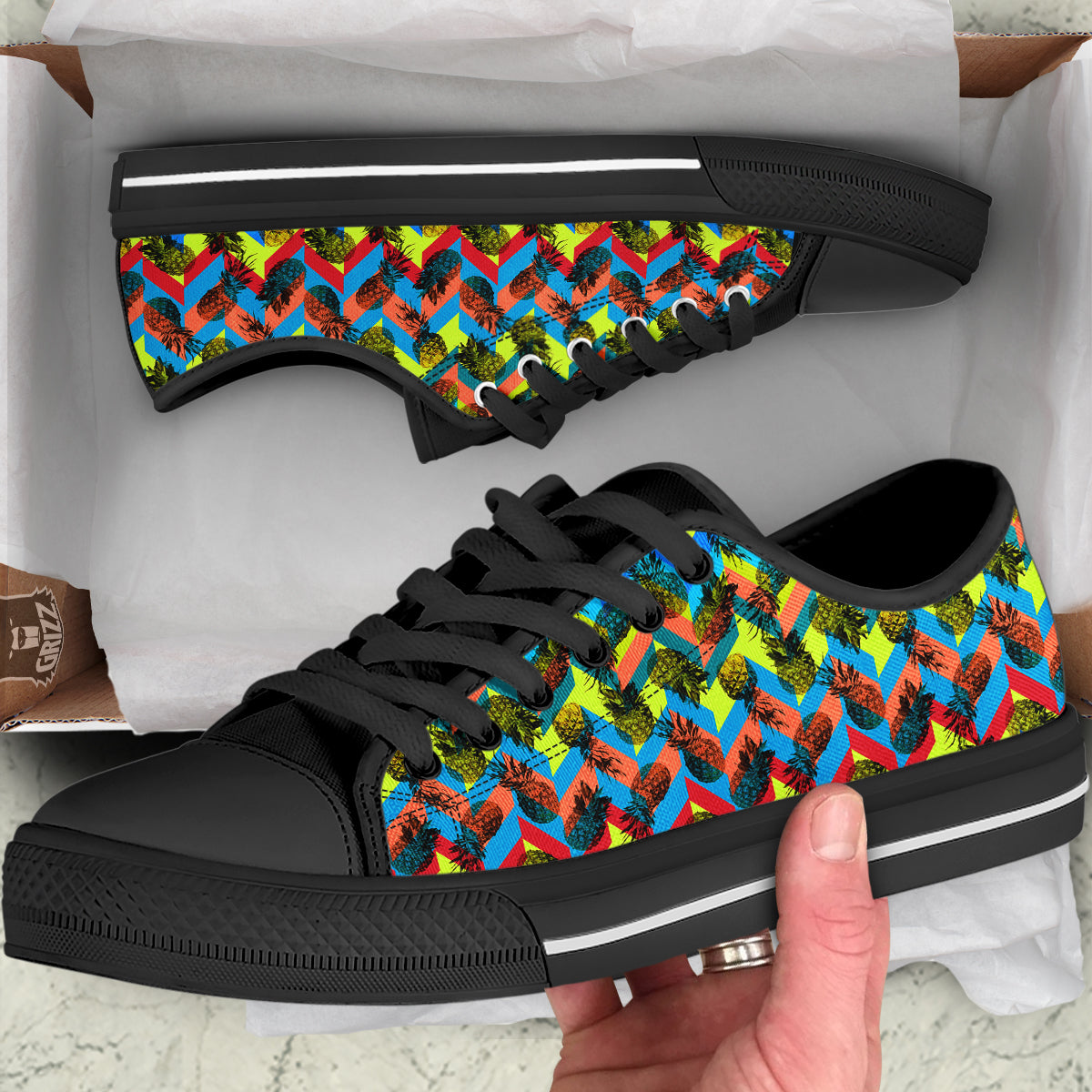 Pineapple Zigzag Print Pattern Black Low Top Shoes-grizzshop