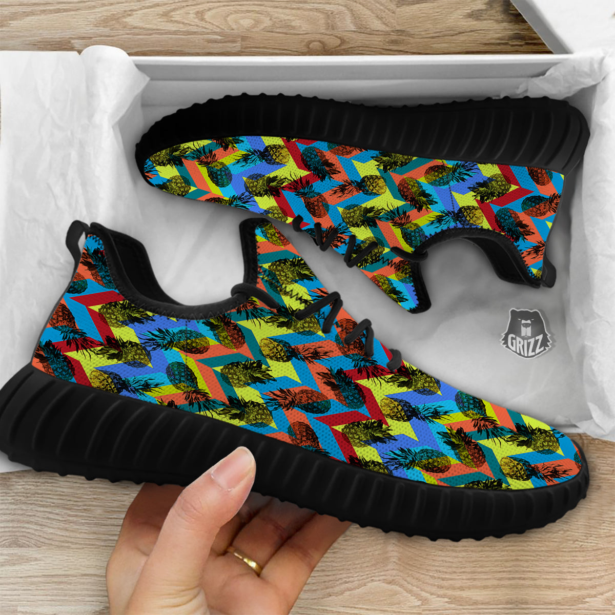 Pineapple Zigzag Print Pattern Black Walking Shoes-grizzshop