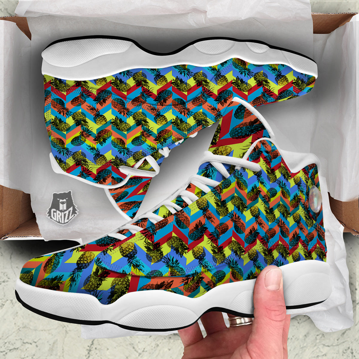 Pineapple Zigzag Print Pattern White Basketball Shoes-grizzshop