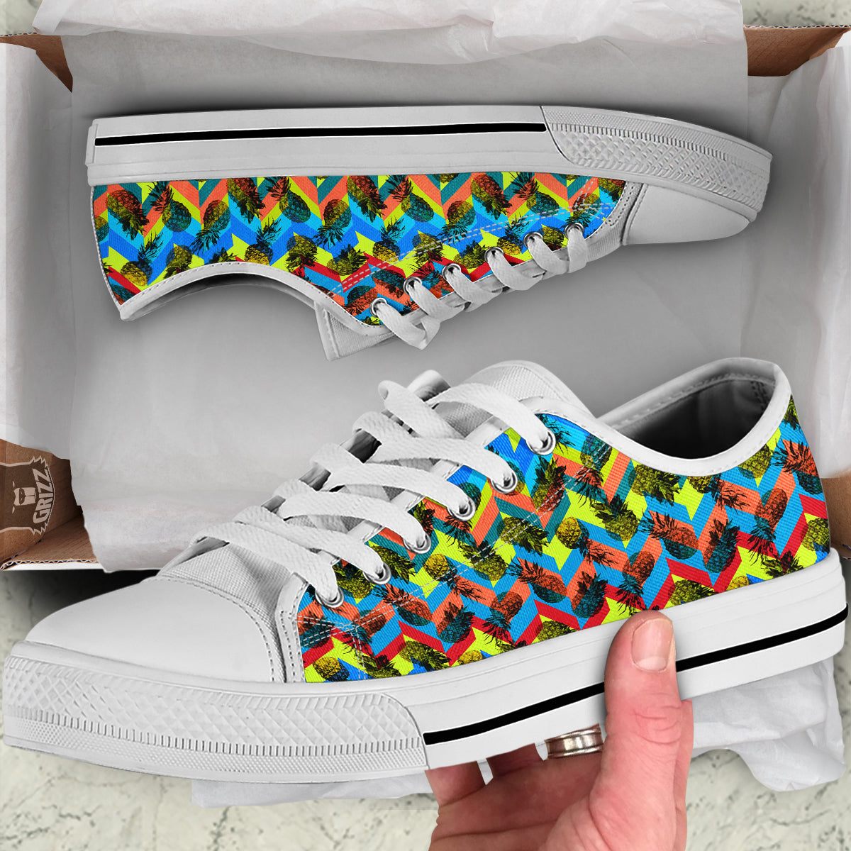 Pineapple Zigzag Print Pattern White Low Top Shoes-grizzshop