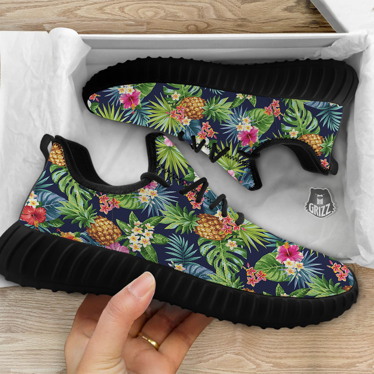 Pineapples Tropical Print Pattern Black Walking Shoes-grizzshop