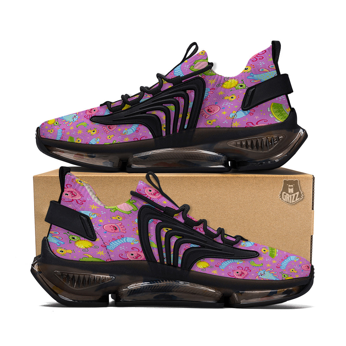 Pink Alien And Cute Monsters Print Pattern Black Gym Shoes-grizzshop