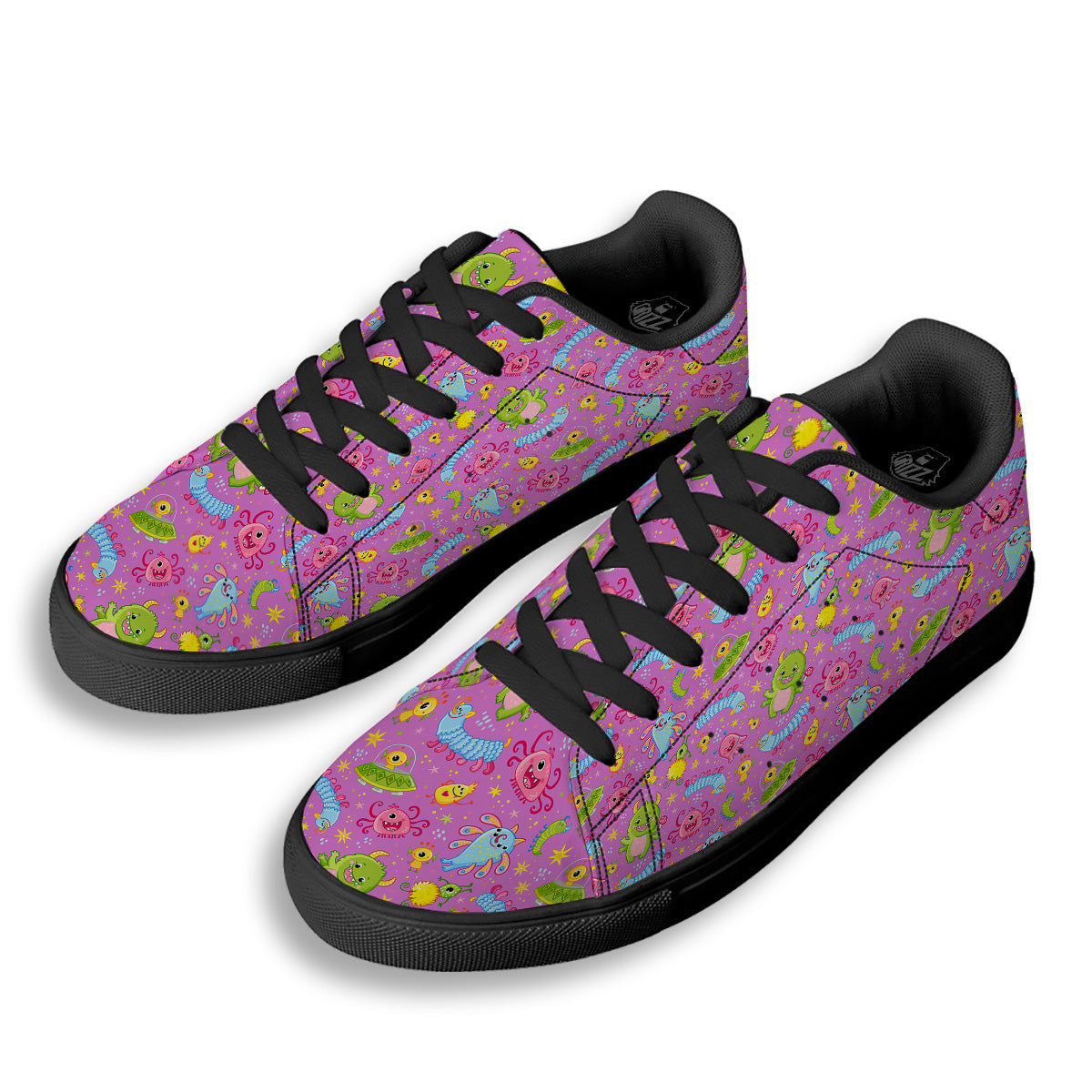 Pink Alien And Cute Monsters Print Pattern Black Low Top Sneakers-grizzshop
