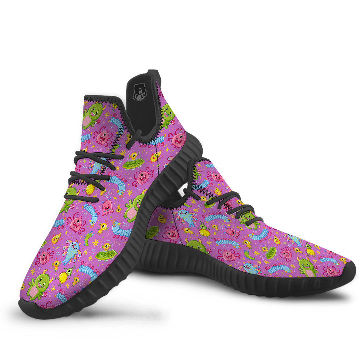 Pink Alien And Cute Monsters Print Pattern Black Walking Shoes-grizzshop