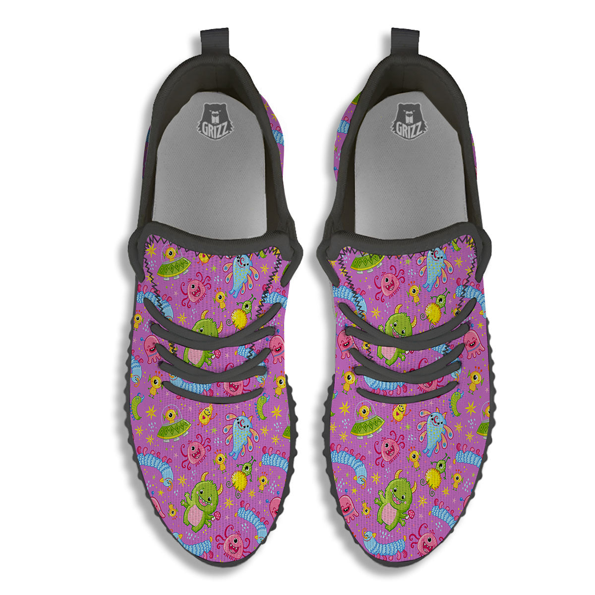 Pink Alien And Cute Monsters Print Pattern Black Walking Shoes-grizzshop