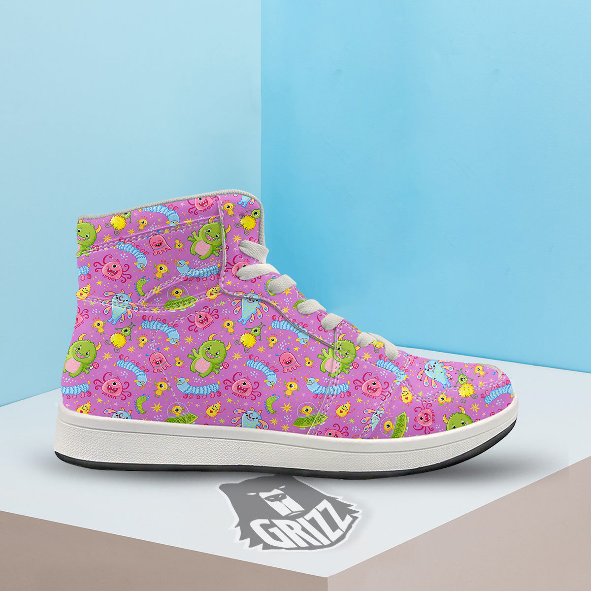 Pink Alien And Cute Monsters Print Pattern High Top Sneakers-grizzshop