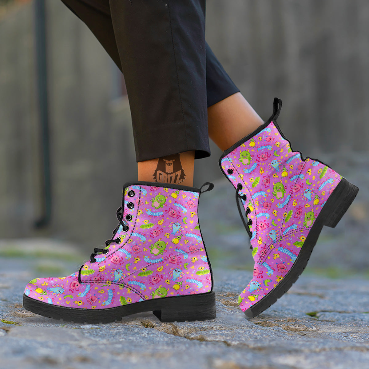 Pink Alien And Cute Monsters Print Pattern Leather Boots-grizzshop
