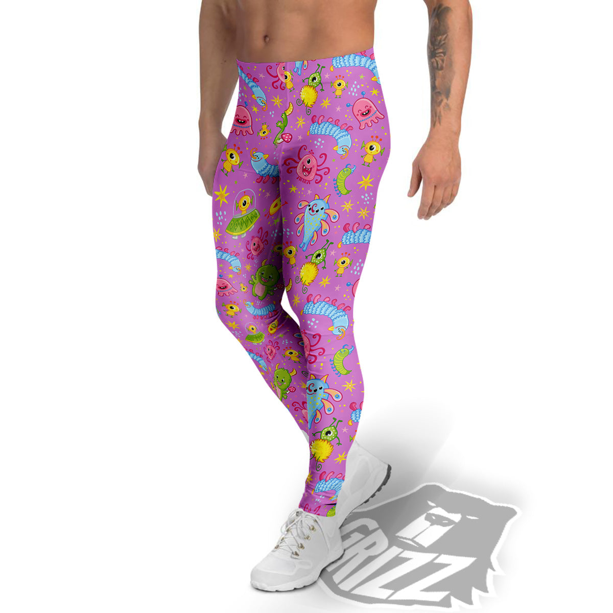 Pink Alien And Cute Monsters Print Pattern Men's Leggings-grizzshop