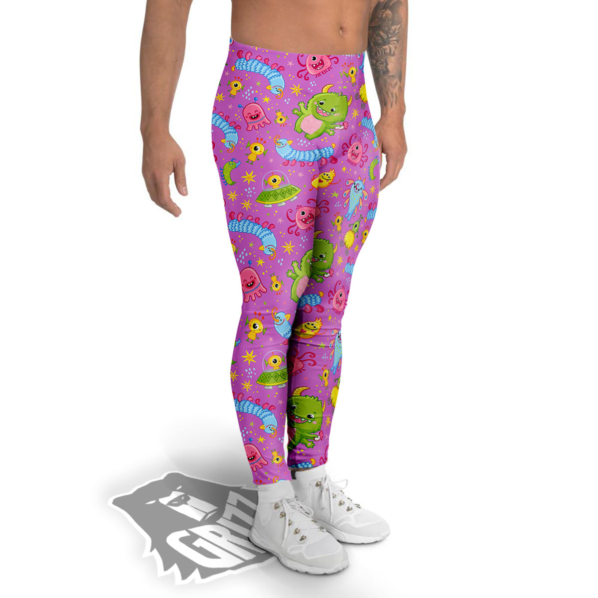 Pink Alien And Cute Monsters Print Pattern Men's Leggings-grizzshop