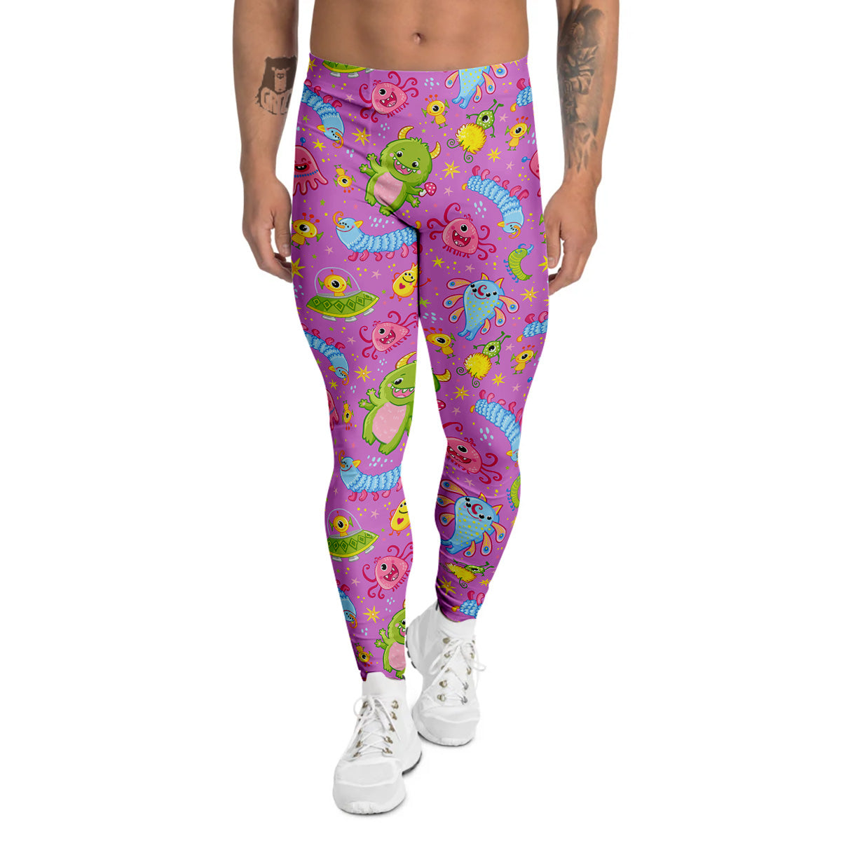 Pink Alien And Cute Monsters Print Pattern Men's Leggings-grizzshop