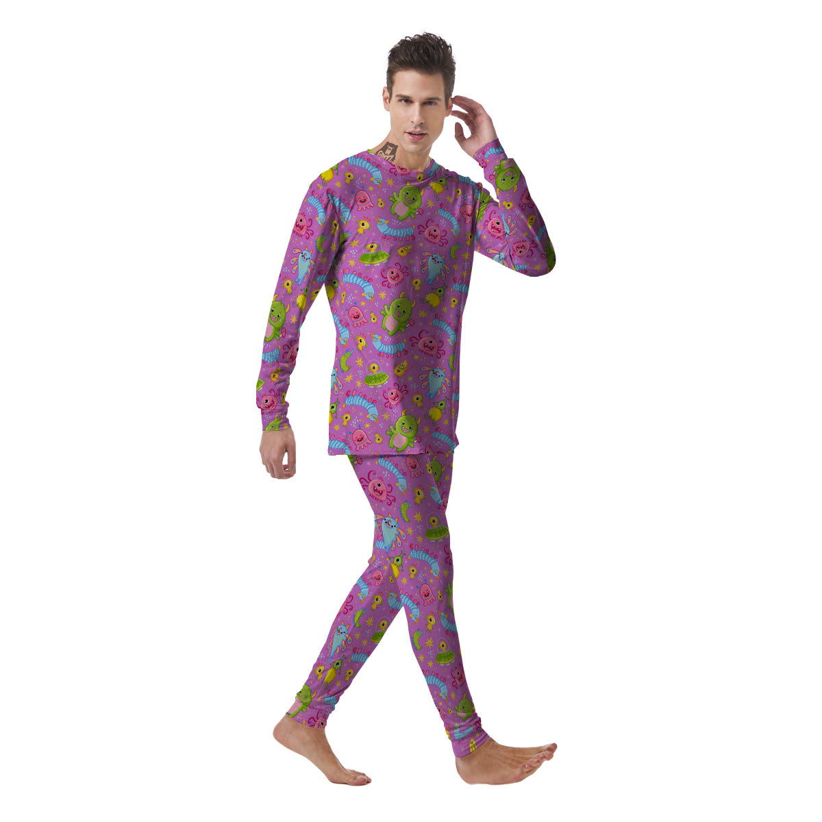 Pink Alien And Cute Monsters Print Pattern Men's Pajamas-grizzshop