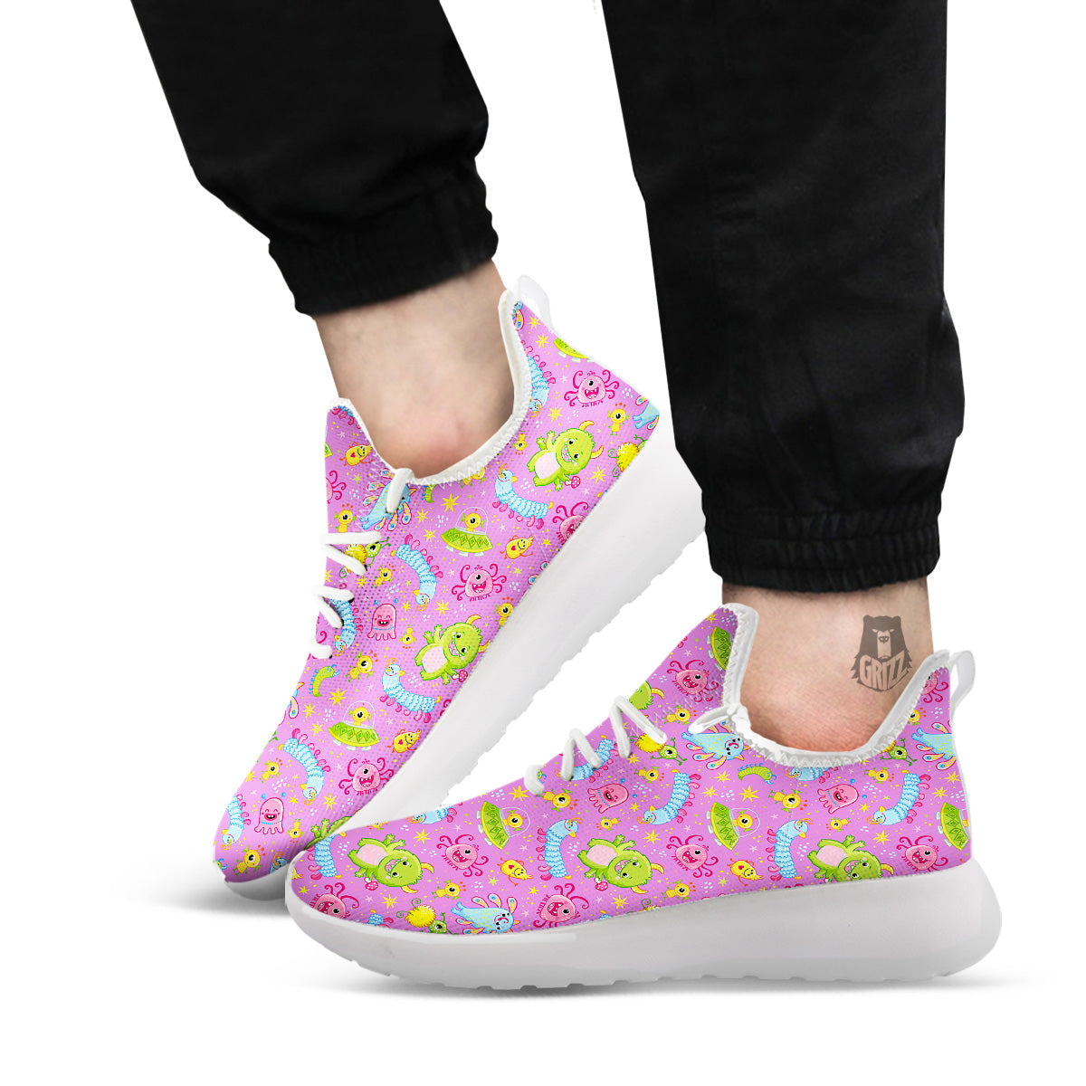 Pink Alien And Cute Monsters Print Pattern White Athletic Shoes-grizzshop