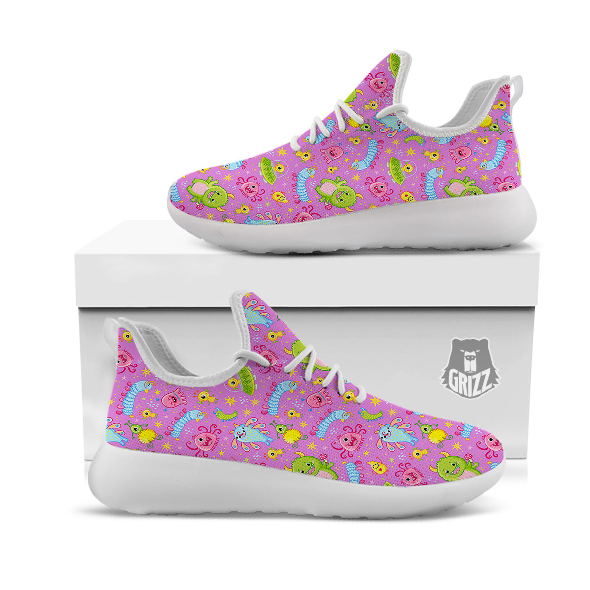 Pink Alien And Cute Monsters Print Pattern White Athletic Shoes-grizzshop