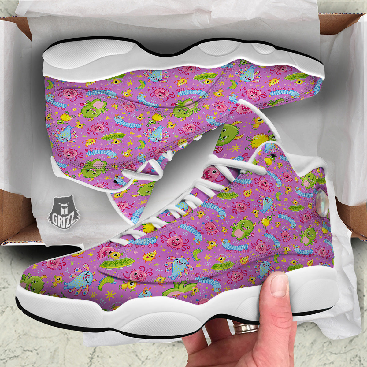 Pink Alien And Cute Monsters Print Pattern White Basketball Shoes-grizzshop