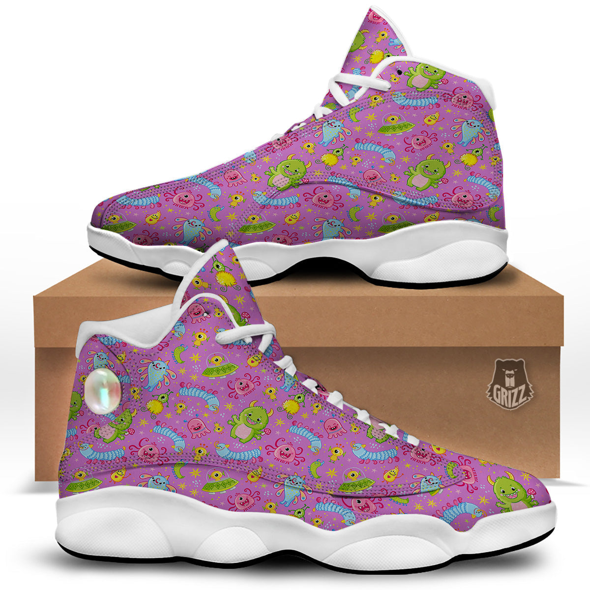 Pink Alien And Cute Monsters Print Pattern White Basketball Shoes-grizzshop