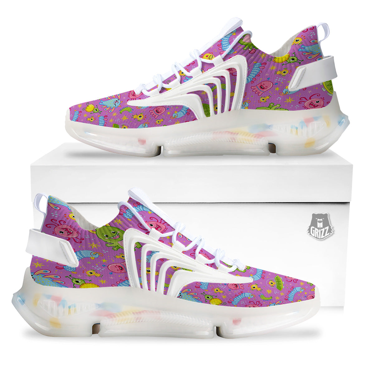 Pink Alien And Cute Monsters Print Pattern White Gym Shoes-grizzshop
