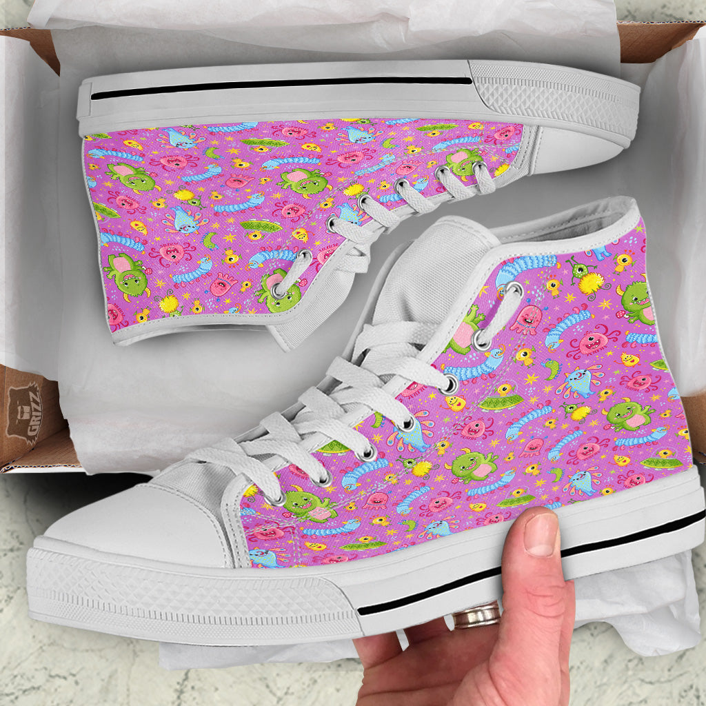 Pink Alien And Cute Monsters Print Pattern White High Top Shoes-grizzshop