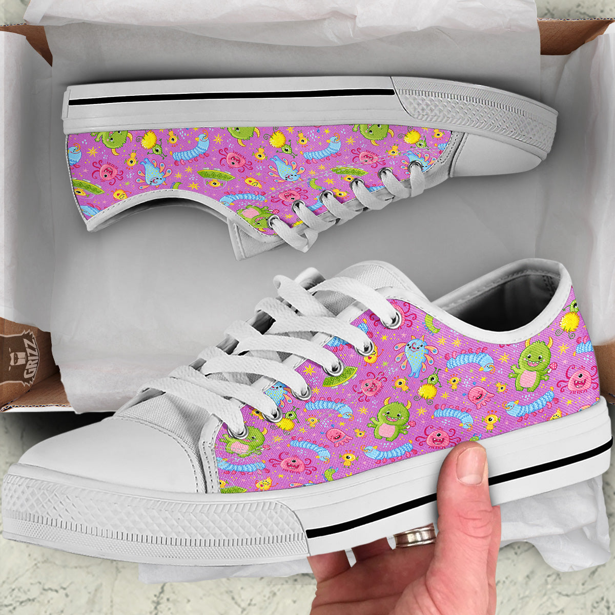 Pink Alien And Cute Monsters Print Pattern White Low Top Shoes-grizzshop