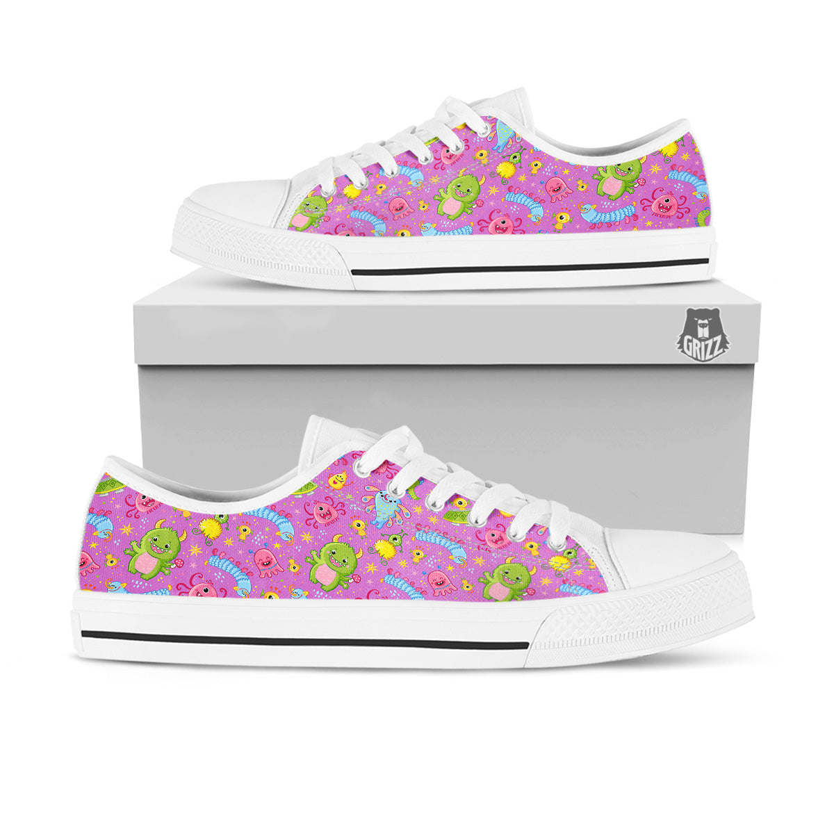 Pink Alien And Cute Monsters Print Pattern White Low Top Shoes-grizzshop