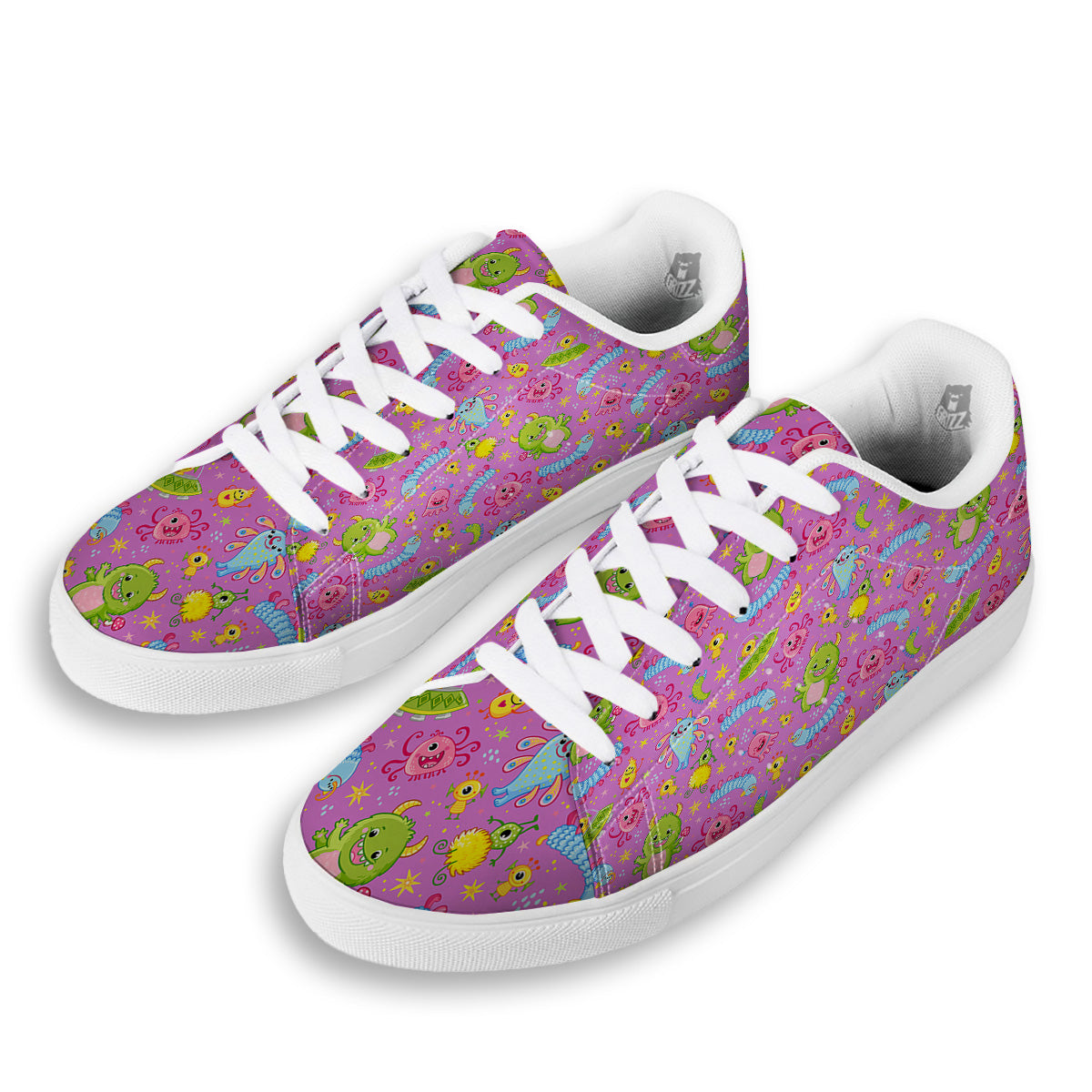 Pink Alien And Cute Monsters Print Pattern White Low Top Sneakers-grizzshop