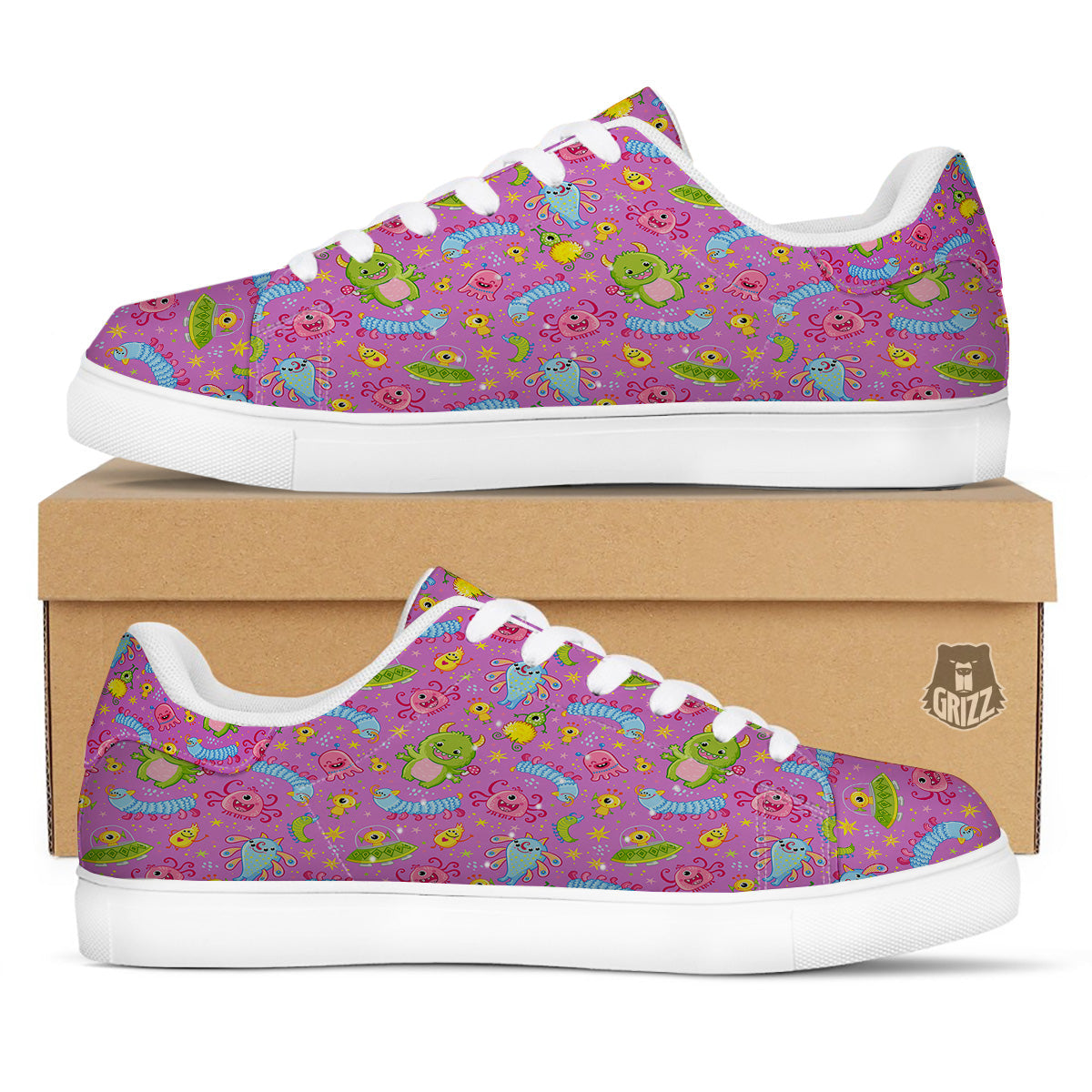 Pink Alien And Cute Monsters Print Pattern White Low Top Sneakers-grizzshop