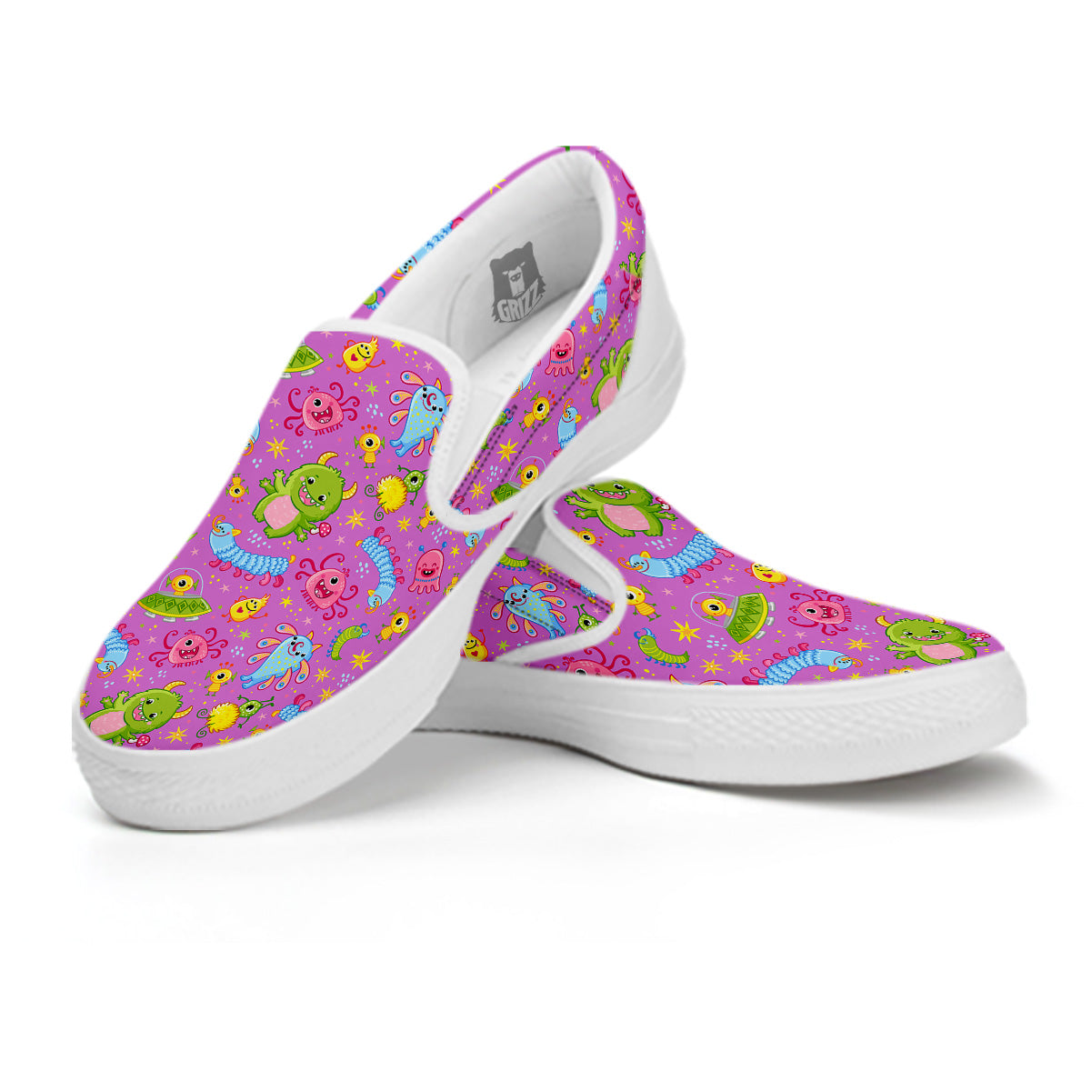 Pink Alien And Cute Monsters Print Pattern White Slip On Shoes-grizzshop