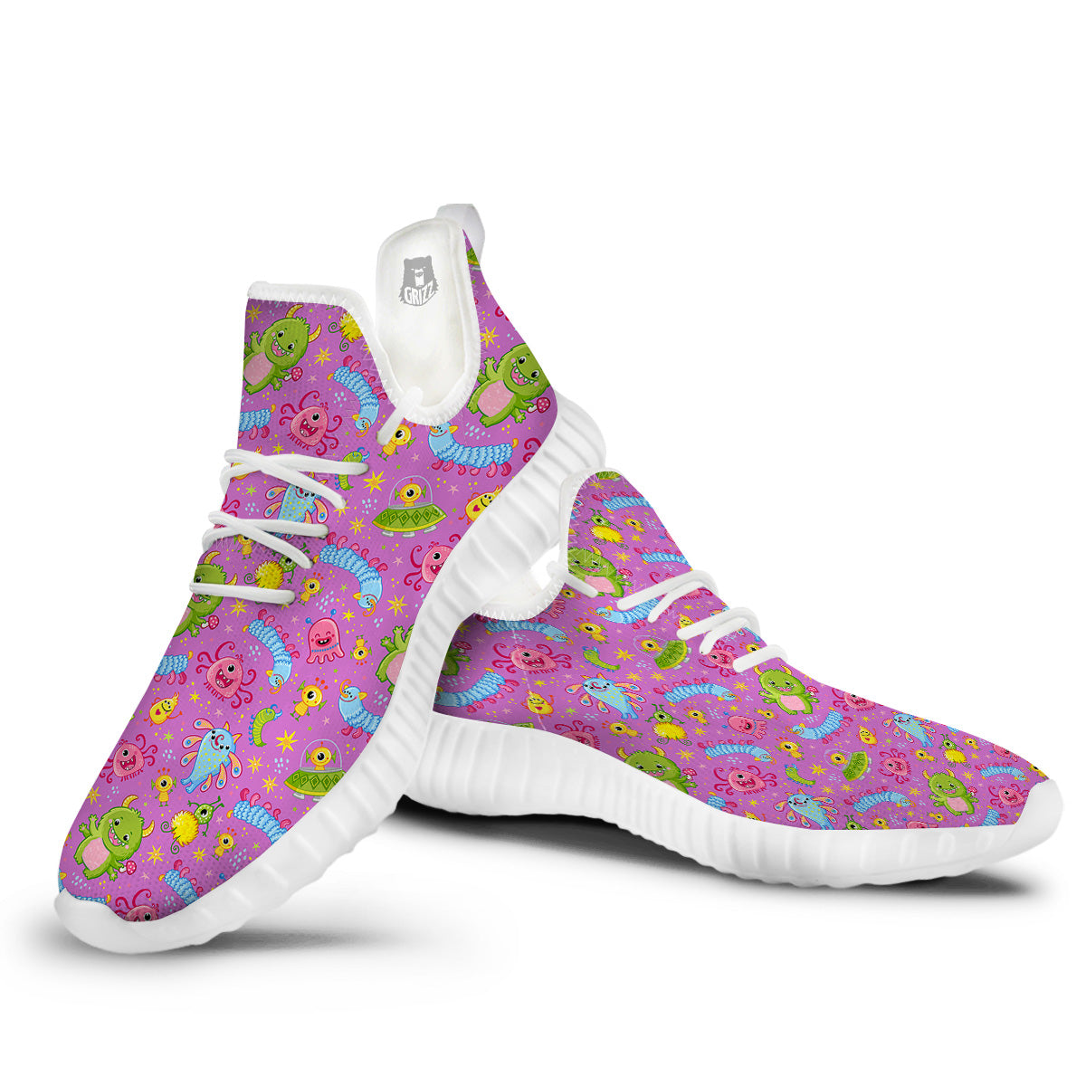 Pink Alien And Cute Monsters Print Pattern White Walking Shoes-grizzshop