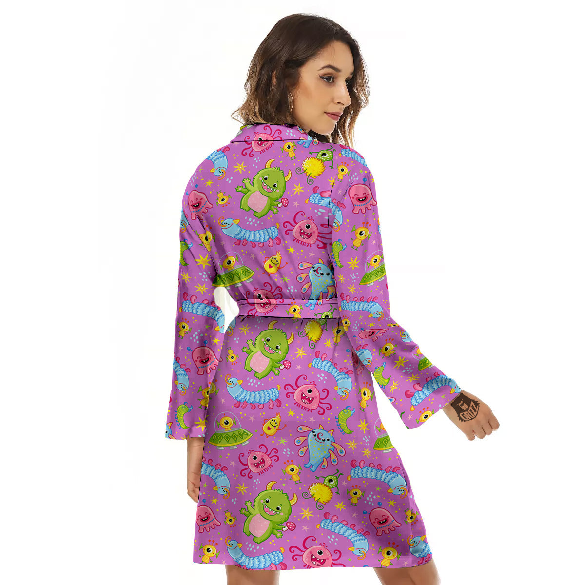 Pink Alien And Cute Monsters Print Pattern Women's Robe-grizzshop
