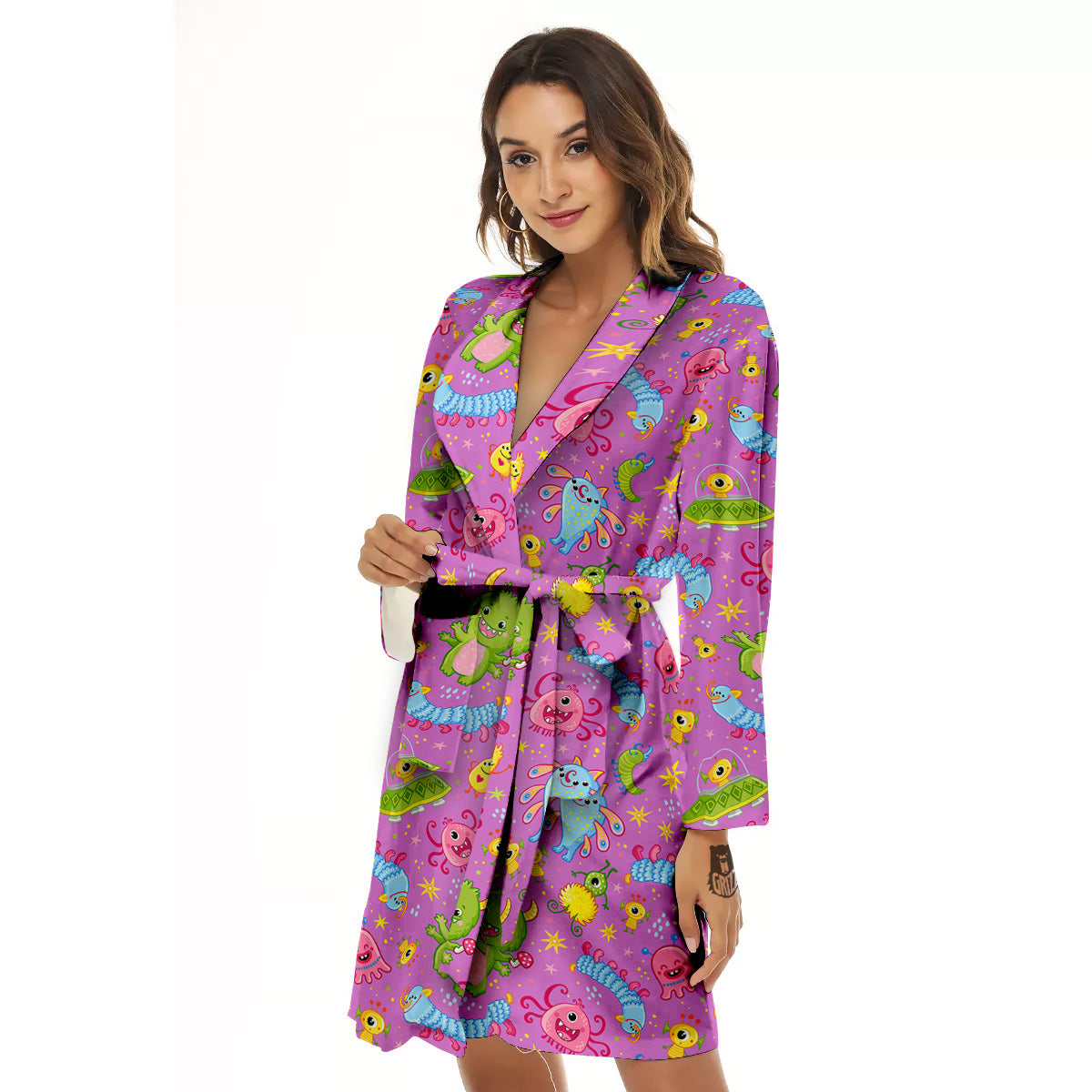 Pink Alien And Cute Monsters Print Pattern Women's Robe-grizzshop