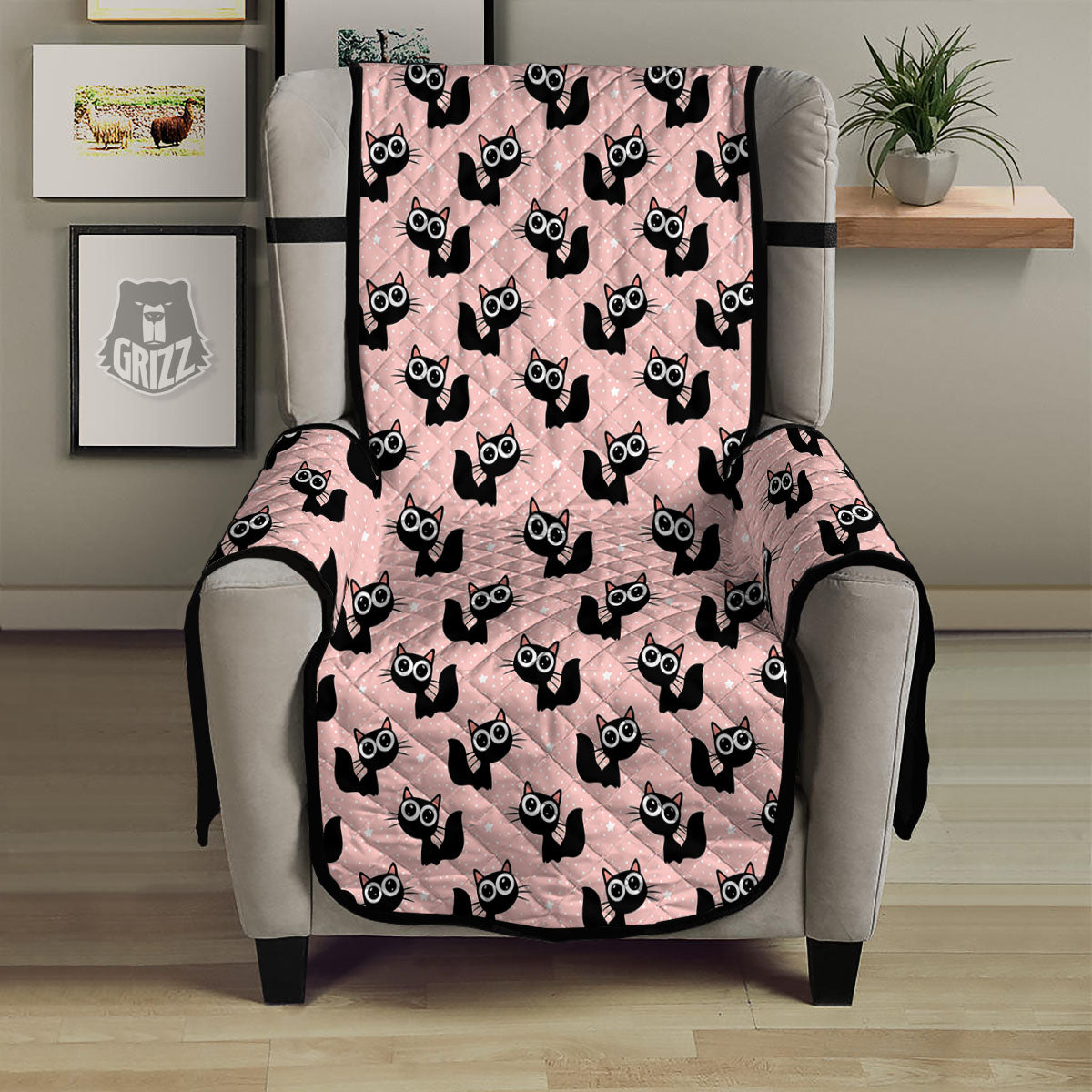 Pink And Black Cat Print Pattern Armchair Protector