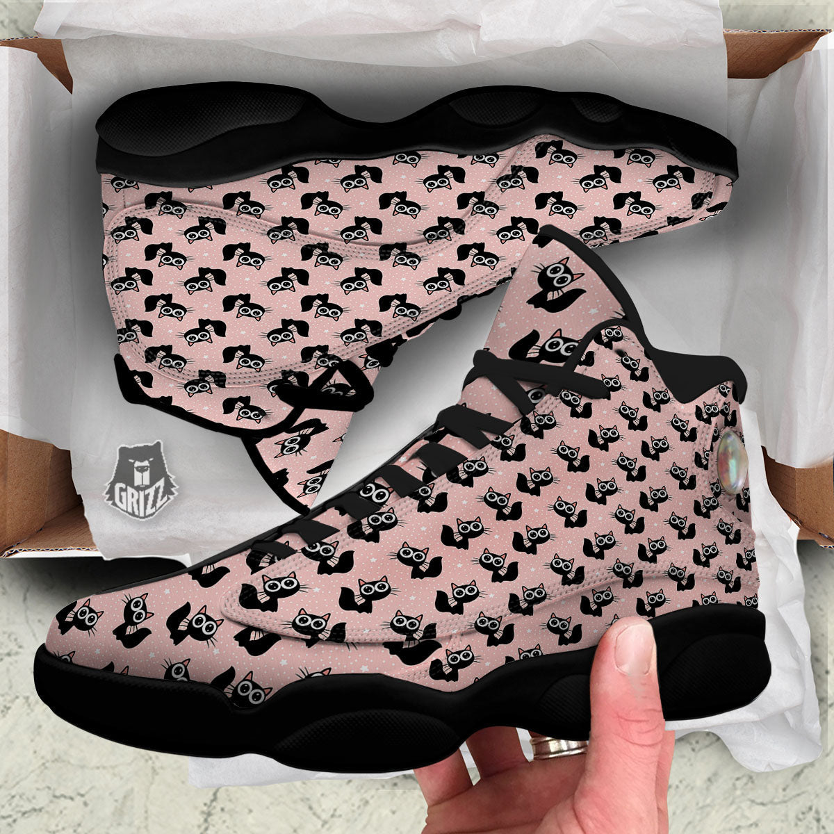 Pink And Black Cat Print Pattern Black Basketball Shoes-grizzshop