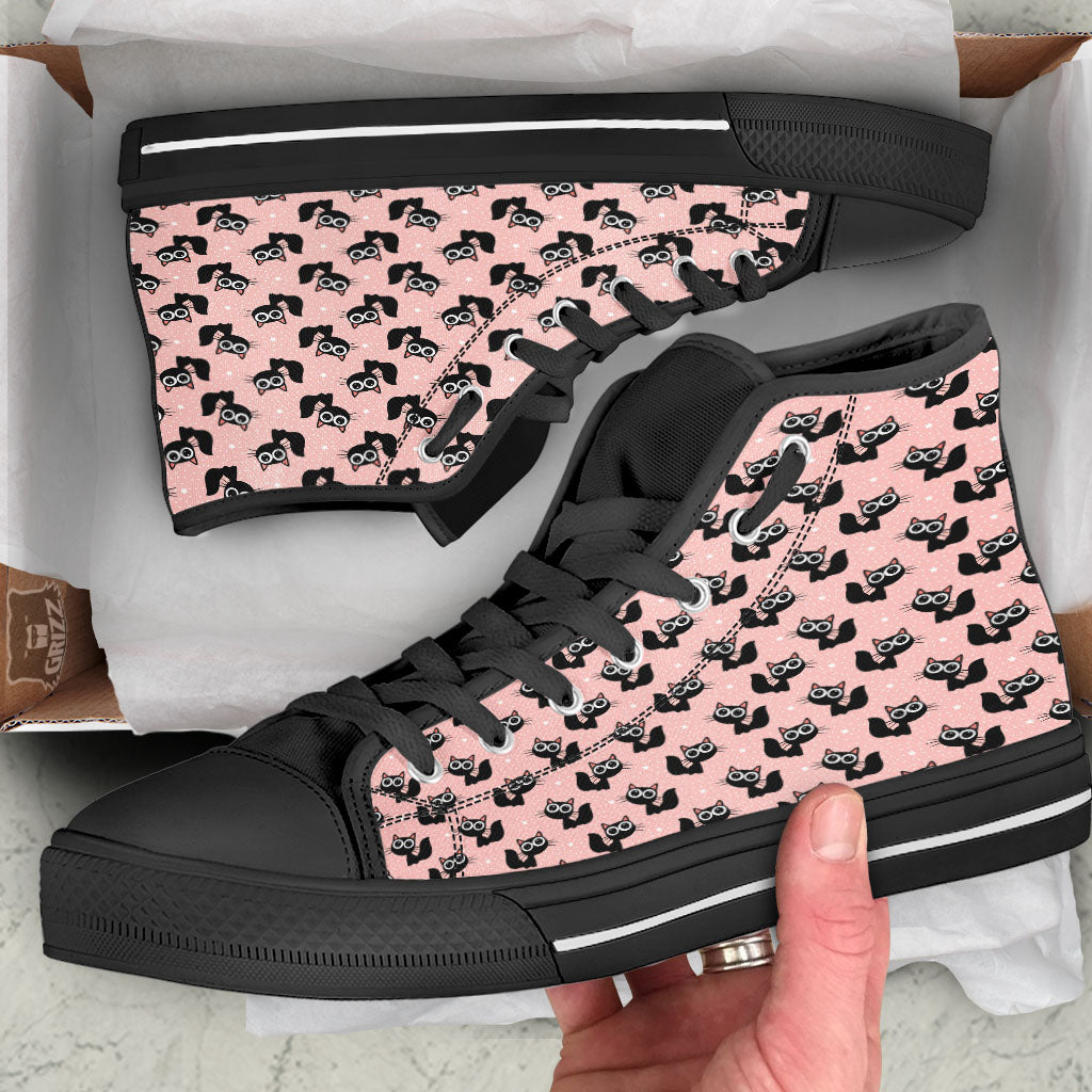 Pink And Black Cat Print Pattern Black High Top Shoes-grizzshop