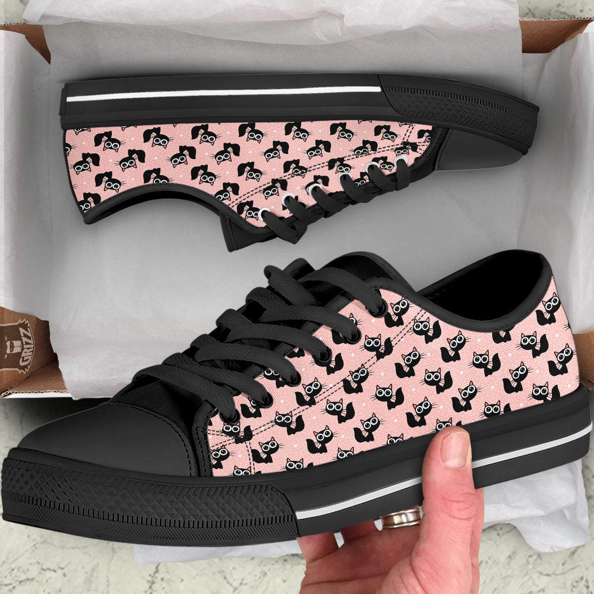 Pink And Black Cat Print Pattern Black Low Top Shoes-grizzshop