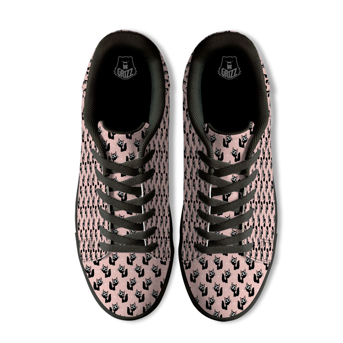 Pink And Black Cat Print Pattern Black Low Top Sneakers-grizzshop