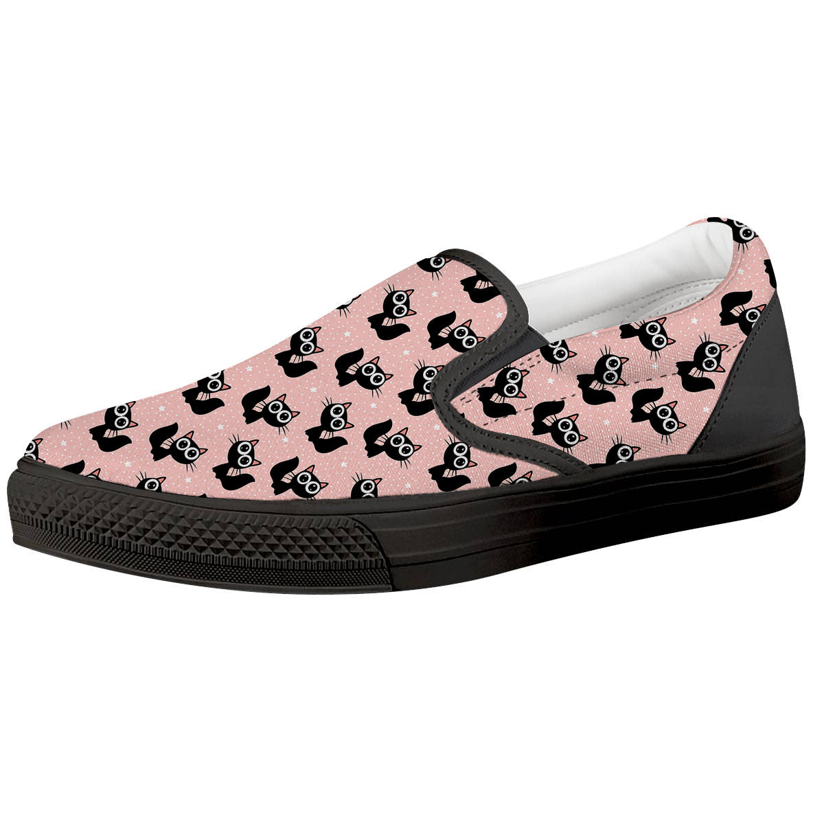 Pink And Black Cat Print Pattern Black Slip On Shoes-grizzshop