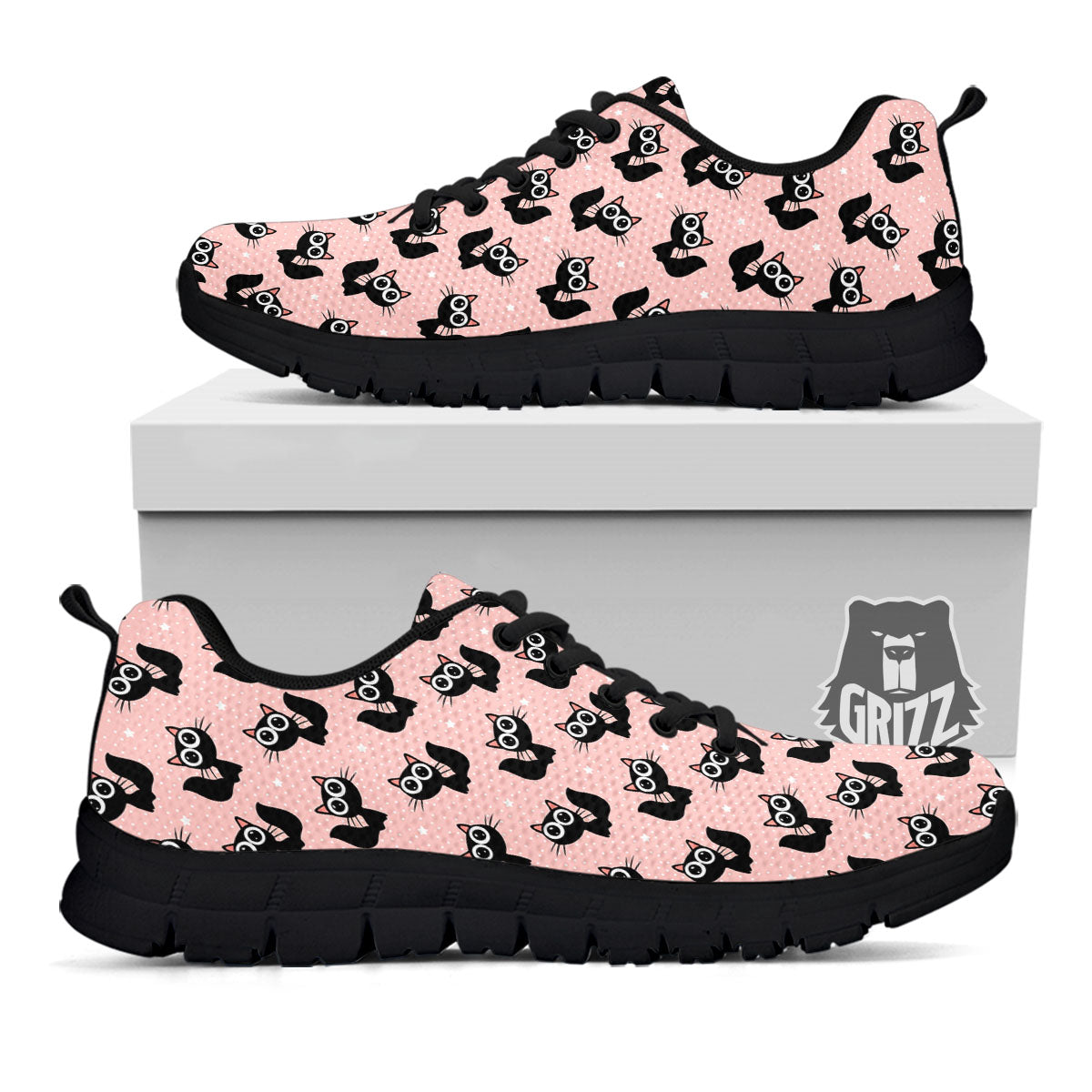 Pink And Black Cat Print Pattern Black Sneaker-grizzshop