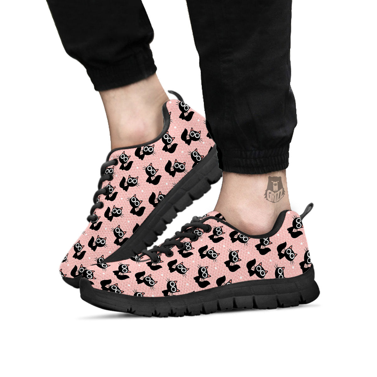 Pink And Black Cat Print Pattern Black Sneaker-grizzshop