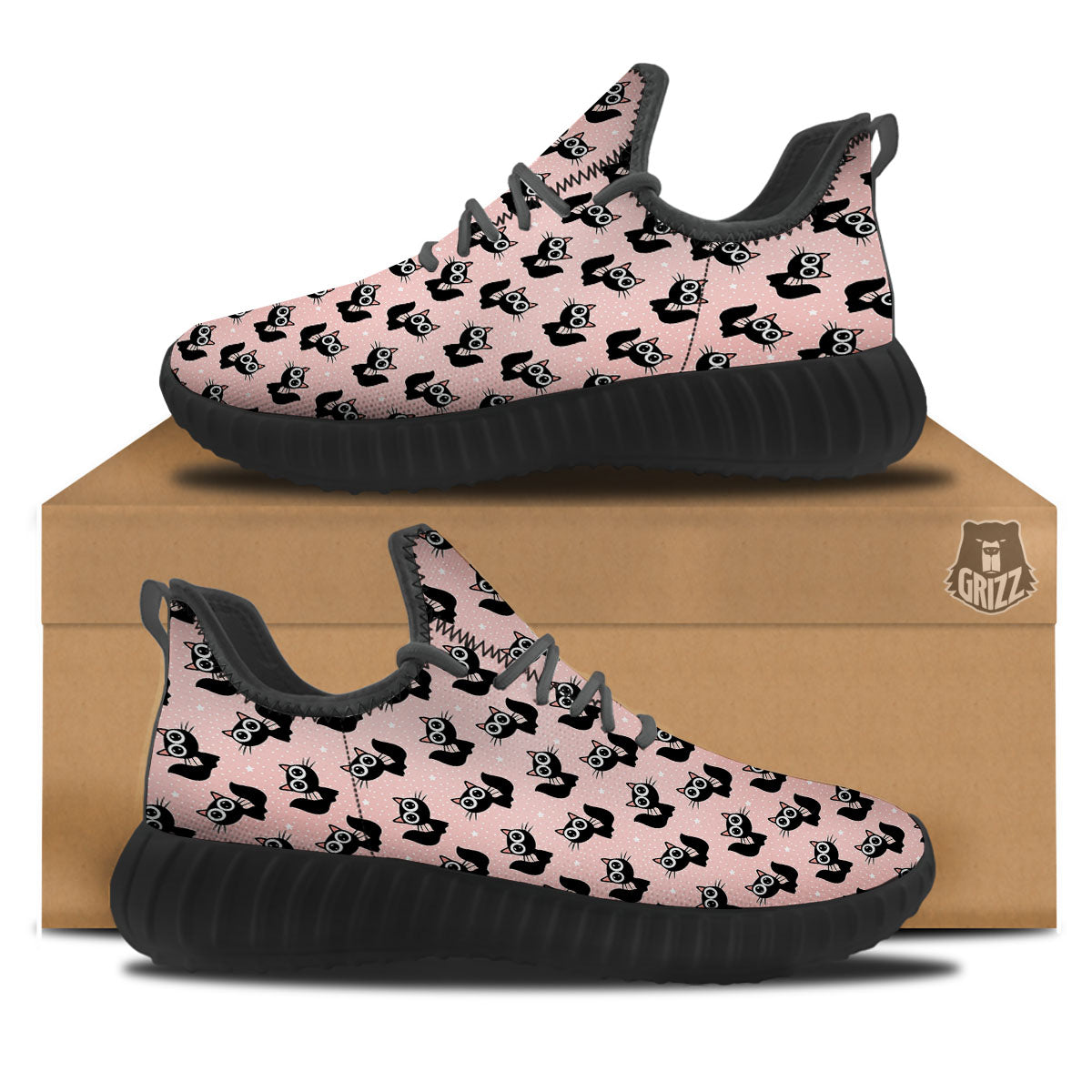 Pink And Black Cat Print Pattern Black Walking Shoes-grizzshop