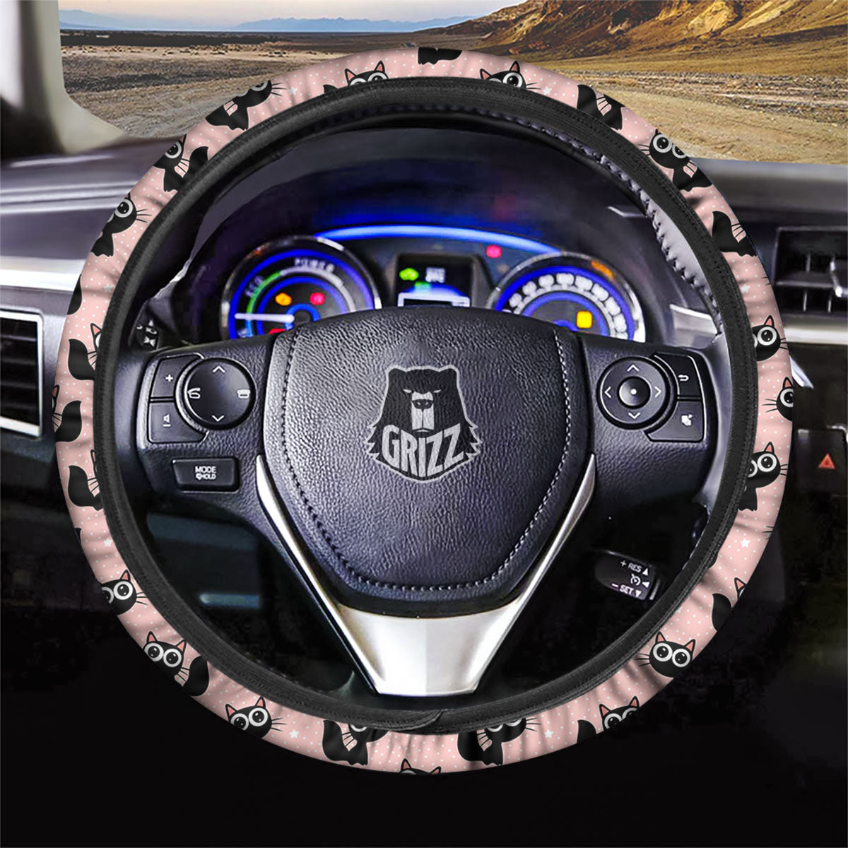 Pink And Black Cat Print Pattern Car Steering Wheel Cover-grizzshop