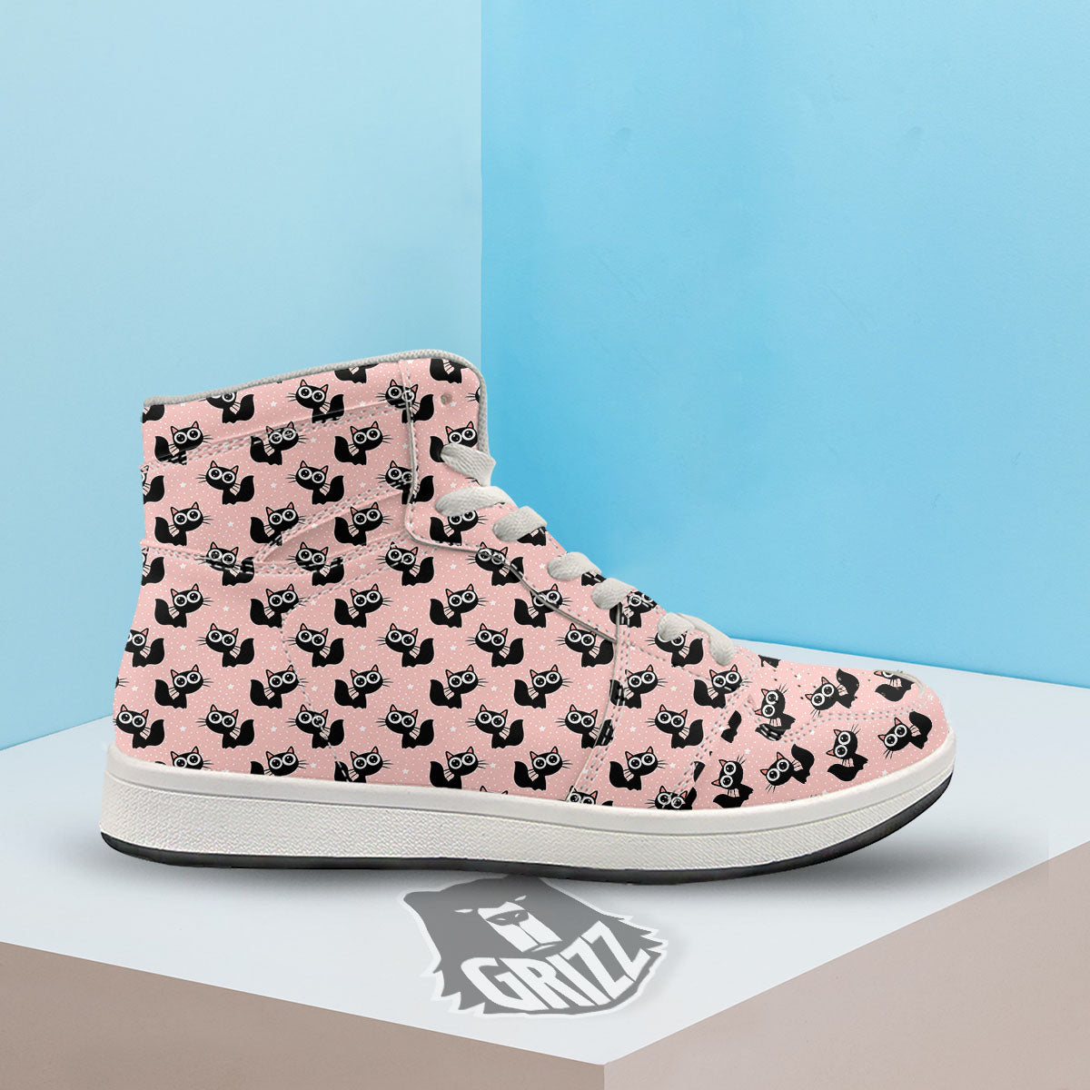 Pink And Black Cat Print Pattern High Top Sneakers-grizzshop