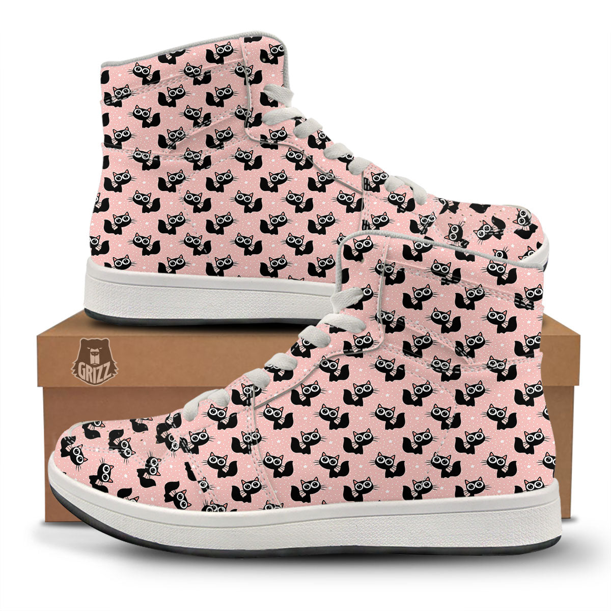 Pink And Black Cat Print Pattern High Top Sneakers-grizzshop