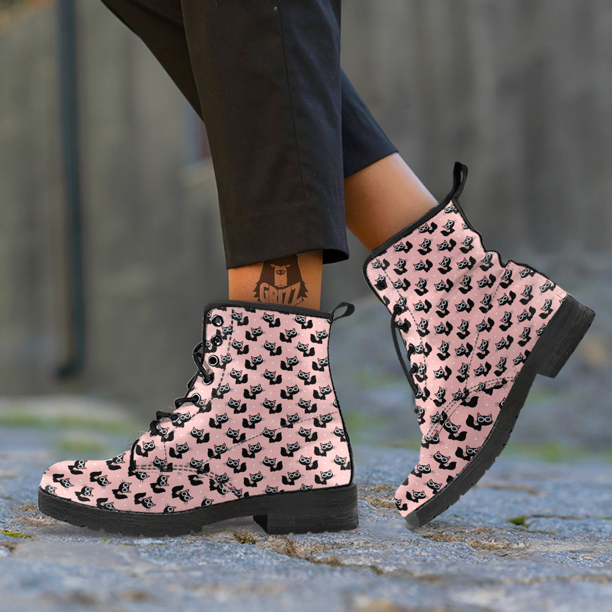Pink And Black Cat Print Pattern Leather Boots-grizzshop