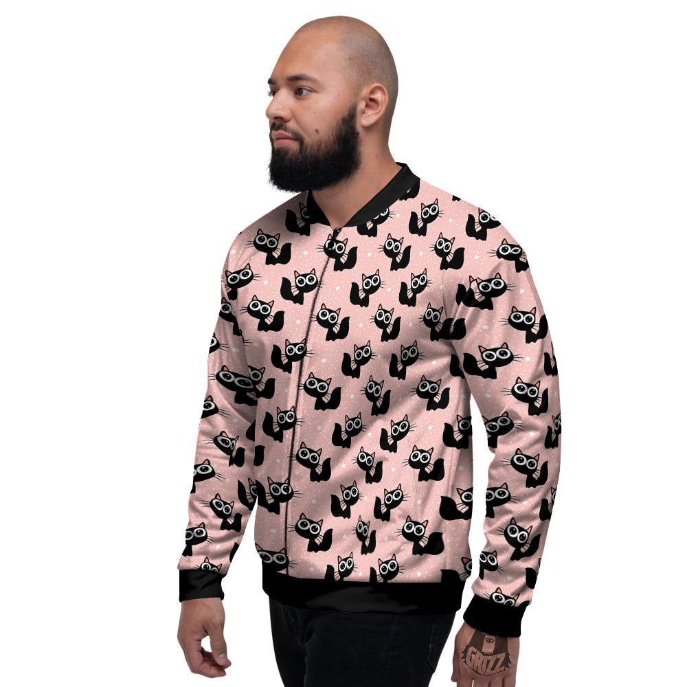 Pink And Black Cat Print Pattern Men's Bomber Jacket-grizzshop