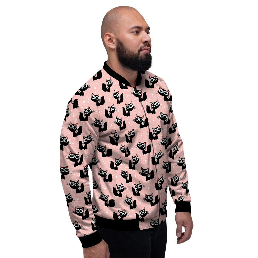 Pink And Black Cat Print Pattern Men's Bomber Jacket-grizzshop